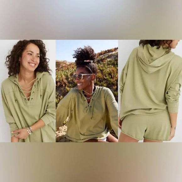 Aerie Sunday Soft Lace Up Oversized Hooded Light Sweatshirt - Picture 2 of 5